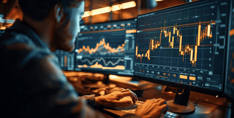 Financial expert reviewing stock charts, trading data and strategies in modern office environment