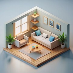 3D Render of a Scandinavian living room with light wood floors, a cozy sofa, and a minimalist coffee table, on isolated white background, Generative AI