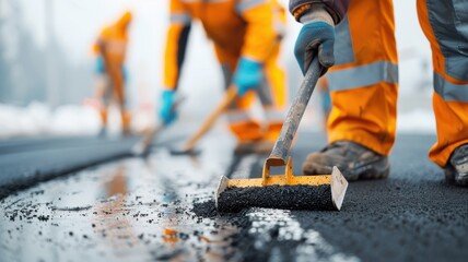 Fototapeta premium Asphalt pavers working together to lay down a smooth road surface.