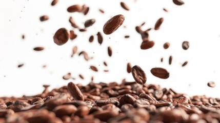 Cocoa beans fall from the sky, landing on a pile of their brethren