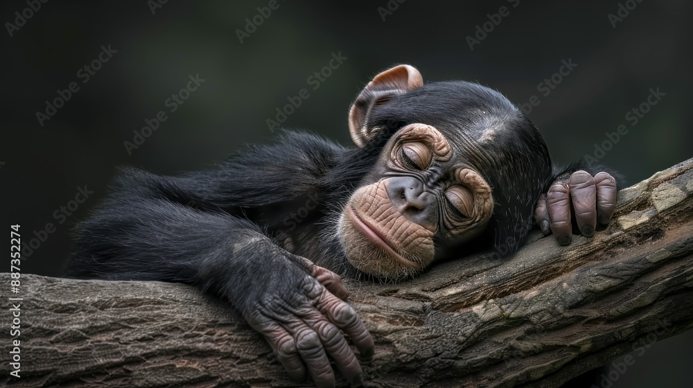 Poster A chimpanzee rests peacefully on a tree branch, its eyes closed in slumber. The soft light filters through the leaves, creating a serene atmosphere