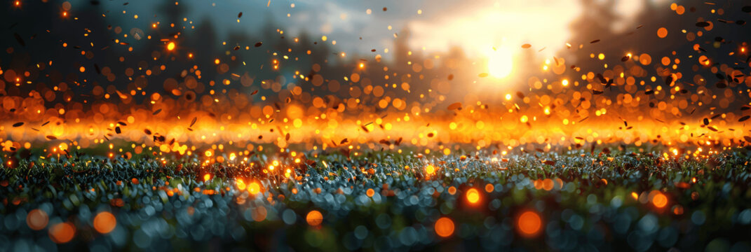 Evening Soccer Championship Celebration with Confetti and Golden Lights in Stadium