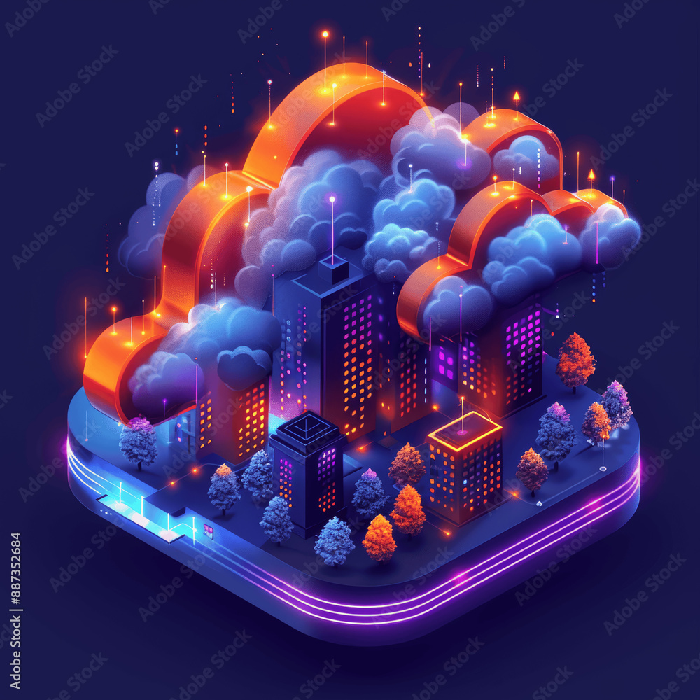 Poster isometric 3d illustration of cloud computing city with trees buildings in low poly style on dark bac