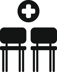 Black and white icon of two chairs sitting under a medical cross, representing a waiting room