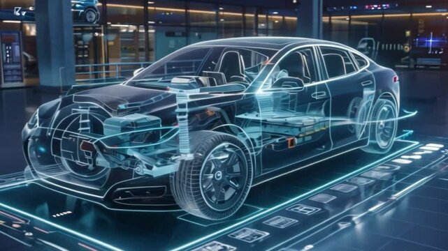 A transparent digital rendering of a car, showcasing its interior and engine components, set against a blurry background of a modern showroom.