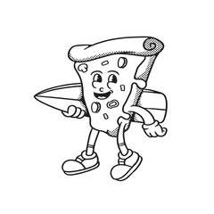 mascot character pizza with surfing board good for coloring book, brand, groovy mascot, element design, food mascot
