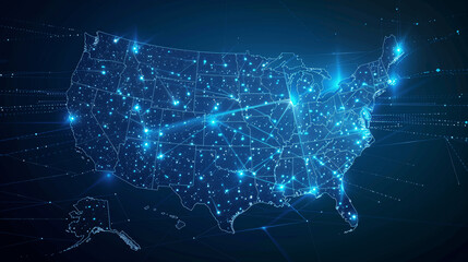 Obraz premium Abstract Digital Map of the United States with Glowing Connections on Dark Blue Background