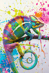 Obraz premium Colorful chameleon on a splash of paint, novel creativity concept