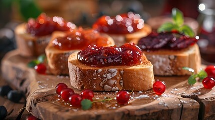Delicious toasts with sweet jams on wooden background. 