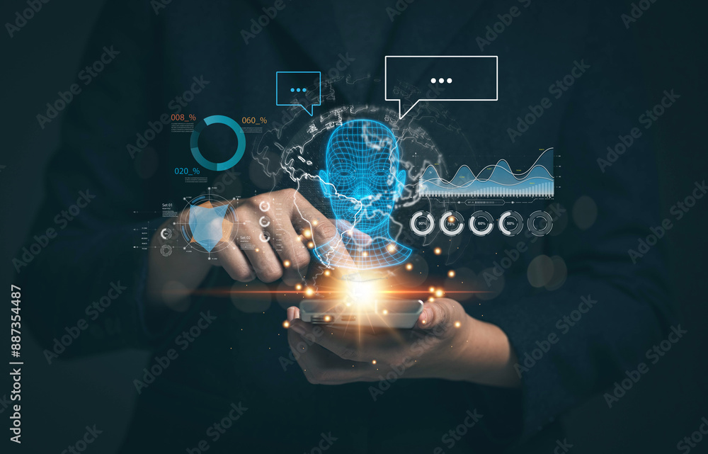 Poster chat with AI. Artificial intelligence. The concept of accessing imagination by feeding commands to Ai to create what is in our mind with futuristic technology through the Internet.