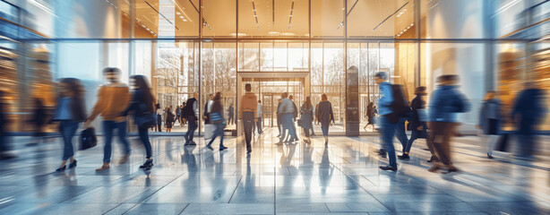Blurry image of diverse students in casual clothes walking in a light-filled modern university lobby dynamic crowd movement campus life