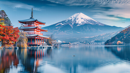 Obraz premium Snow-capped peaks of Mount Fuji rising above the tranquil Lake Kawaguchi in Japan