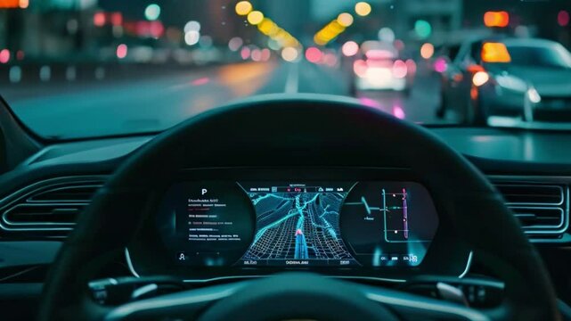 A digital navigation display is shown from the driver's perspective as they navigate a busy city street at night. The dashboard is visible with lights from other cars in the background.