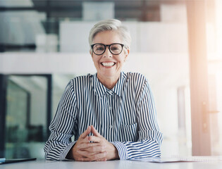 Smile, portrait and mature business woman in office with confidence for company stocks revenue....