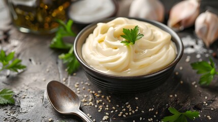Delicious mayonnaise in bowl and spoon on kitchen table, closeup.