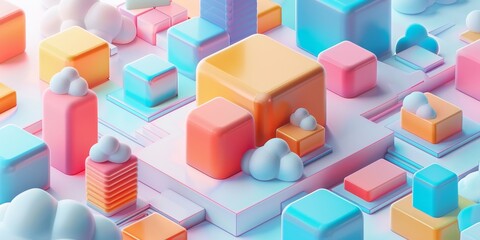 Obraz premium Abstract Futuristic 3D Render Minimalistic Style with Floating Geometric Shapes Isometric Design, Light Color Theme, Bright Background, and Soft Lighting
