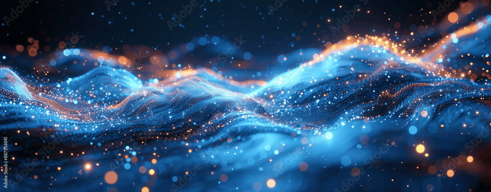 Poster abstract blue digital data background with glowing particles and waves