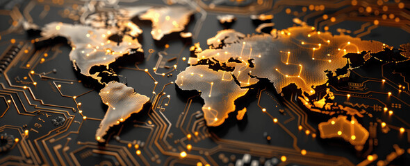 Global Electronics Trade Network on Circuit Board with Golden World Map, Digital Technology and Global Connection
