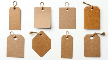 Brown blank labels and tags isolated on white background top view Mockup