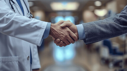 Doctor and Businessman Handshake in Hospital