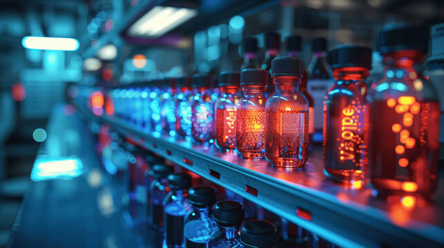 Medical vials on production line in lab with pharmaceutical manufacturing automation and bright light