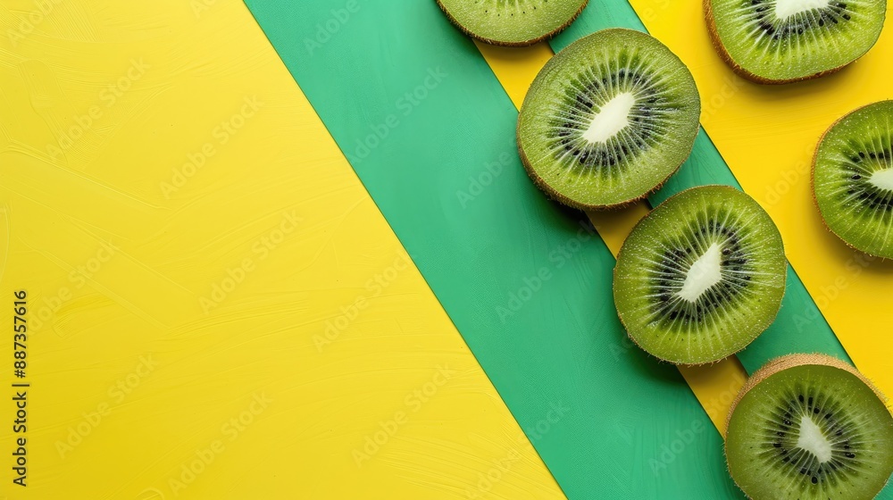 Poster sliced kiwi on green and yellow backgrounds with space for text