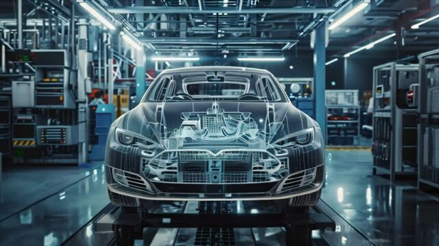 A digital car model sits on a conveyor belt in a modern car manufacturing factory.