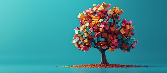 3D tree with books as leaves each one detailed and colorful standing tall on solid cyan background. The image is symbol of the growth of knowledge.