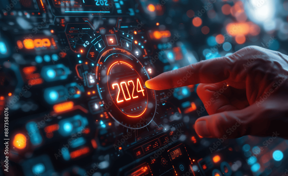 Poster hand pressing on progress bar to switch from 2023 to 2024 for new year countdown and business innova