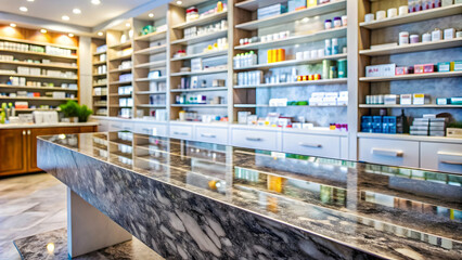 Empty marble table pharmacy blurred background Empty pharmacy counter with colorful medication shelves Pharmacy dispensing counter, stocked pharmacy shelves, medication dispensing area