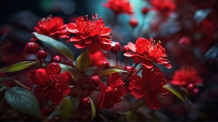 Obraz premium Red flowers branch tree, sky background