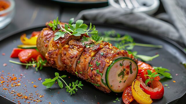 Roll filled with peppers bacon and sweet potatoes then roasted, the chef prepares a grilled pork tenderloin in a roll. Stuffed pork tenderloin with peppers and baked sweet potatoes. Close up