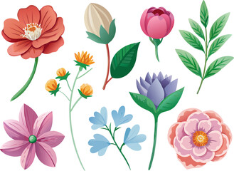 set of separate parts of flowers in watercolors