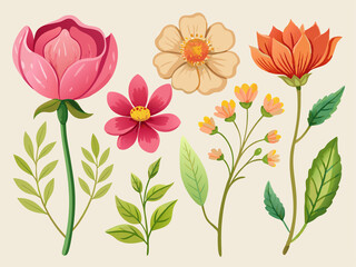 set of separate parts of flowers in watercolors