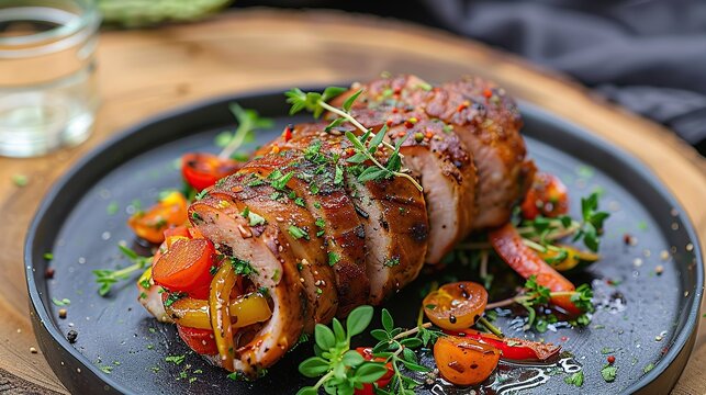 Roll filled with peppers bacon and sweet potatoes then roasted, the chef prepares a grilled pork tenderloin in a roll. Stuffed pork tenderloin with peppers and baked sweet potatoes. Close up
