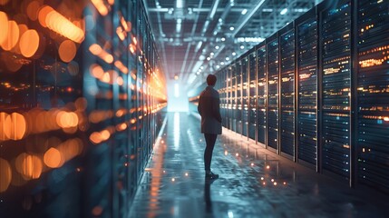 Fototapeta premium a business person in a crypto mining asic bitmain factory with huge racks of computers rows to the horizon realistic blur 