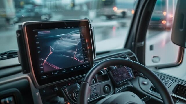 A truck driver's hand rests on the steering wheel while the navigation system displays a map on the dashboard.