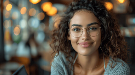 Obraz premium Happy woman with glasses working on laptop in cafe office setting