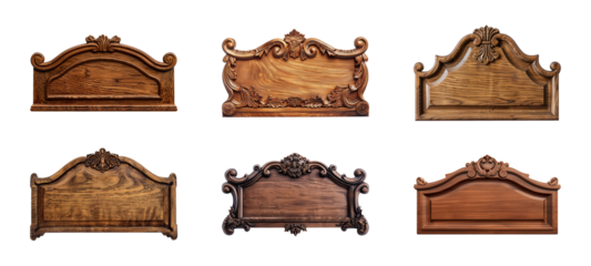 Collection of carved wooden nameplate or signboard isolated on a transparent background, cut-out, PNG
