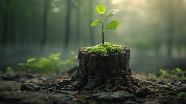 Green Seedling Growing from Old Oak Stump in Foggy Forest Morning