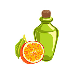 vector drawing green glass bottle with oil and orange fruit isolated at white background, hand drawn illustration