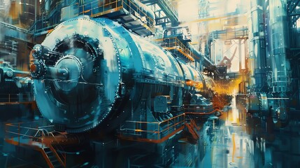 Large industrial machinery in a factory setting with pipes and metal structures.