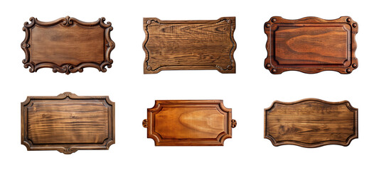 Collection of carved wooden nameplate or signboard isolated on a transparent background, cut-out, PNG
