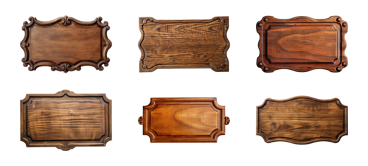 Collection of carved wooden nameplate or signboard isolated on a transparent background, cut-out, PNG