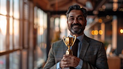 A photorealistic image of a South Asian businessman in his 40s, holding a golden trophy aloft in triumph