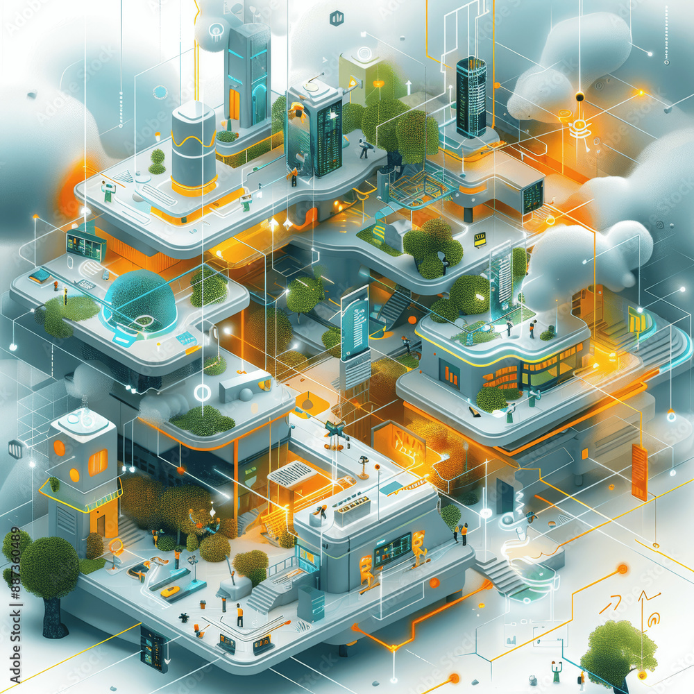 Poster isometric cloud computing network illustration with tiny people and buildings in flat colors