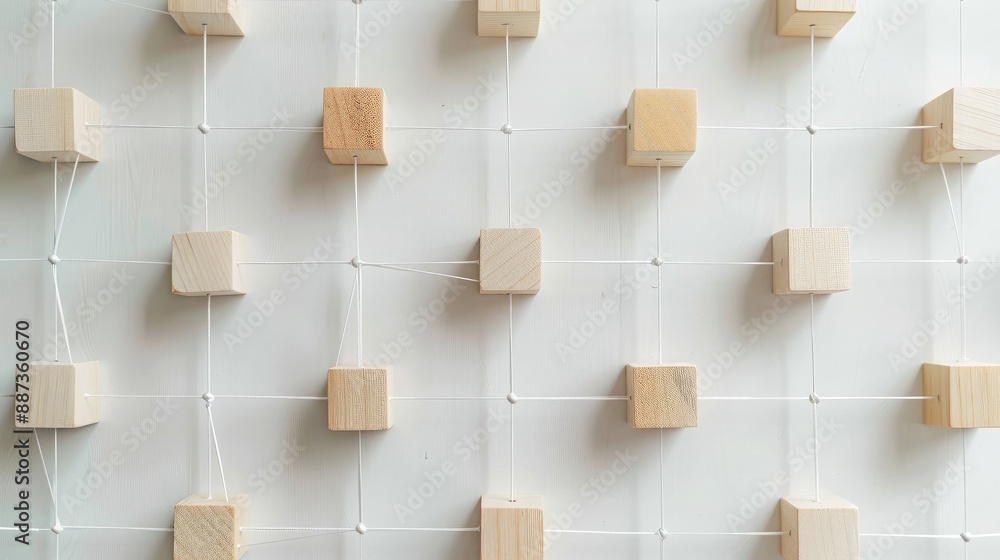 Poster white background with wooden blocks depicting a network graph for business networking strategy and c