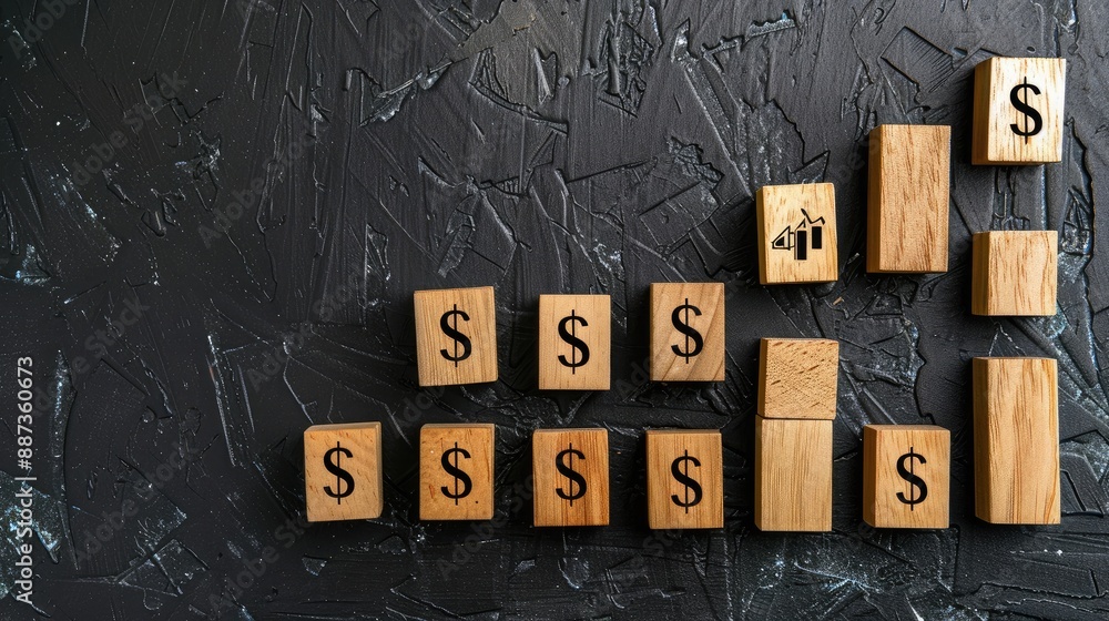 Poster black background with wooden blocks displaying currency symbols and an upward trend, illustrating fi