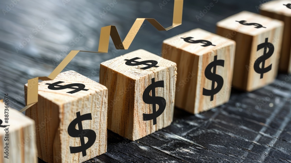 Poster black background with wooden blocks displaying currency symbols and an upward trend, illustrating fi