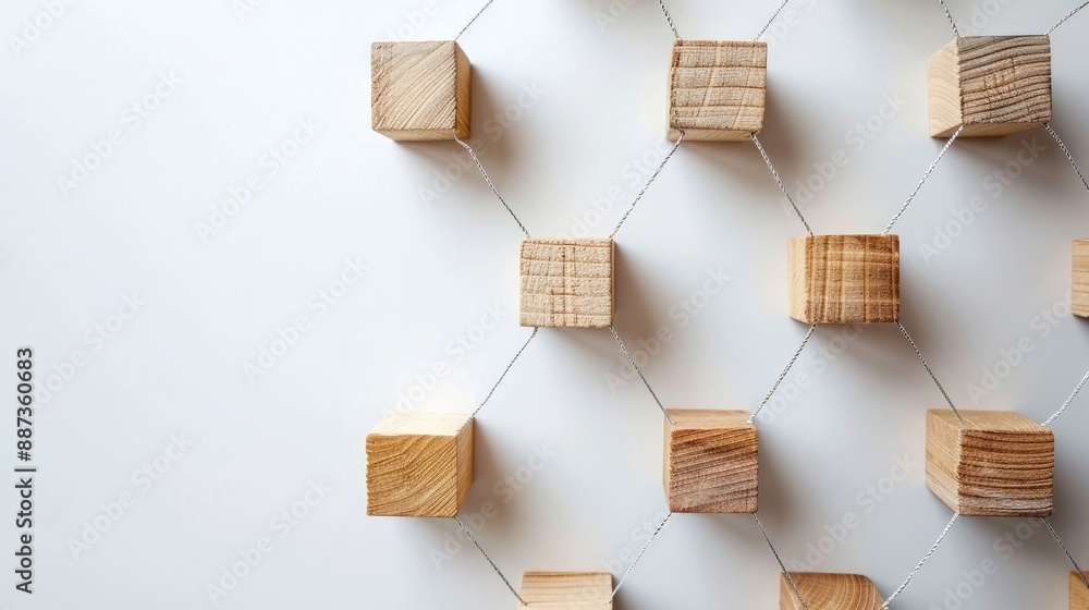 Aufkleber white background with wooden blocks depicting a network graph for business networking strategy and c